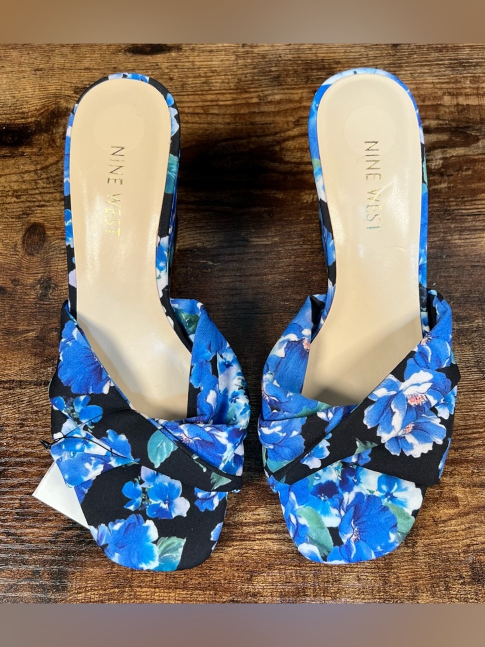 Nine West Sandals Blue Floral Wedge Heel Open Toe Slip On Nudia2 Women's 7 - Picture 3 of 10